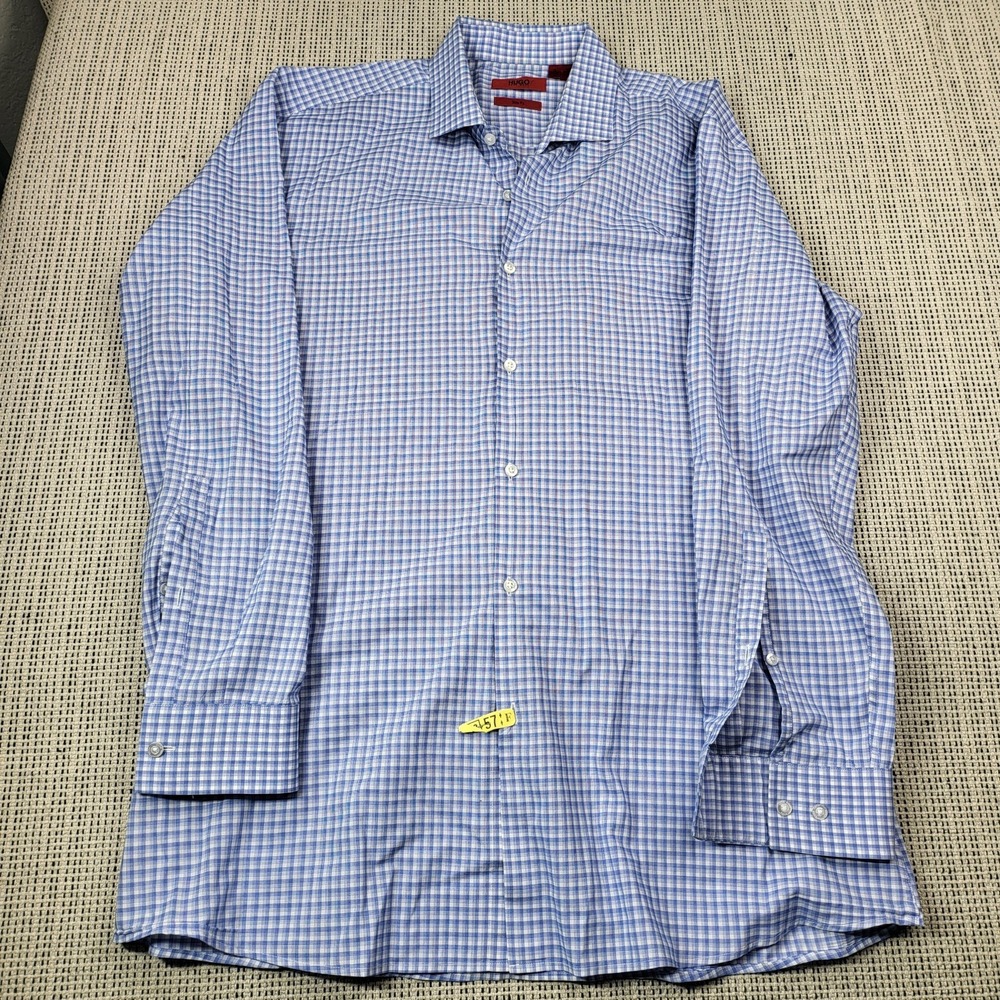 Hugo Boss Shirt Mens 16 32/33 Blue Check Slim Fit Dress Long Sleeve Business